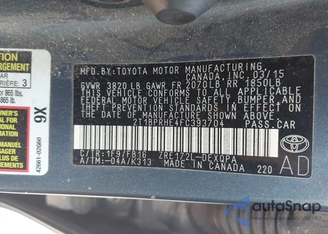 2015 Toyota Corolla Le Eco из США, поврежденный, VIN 2T1BPRHE4FC393704